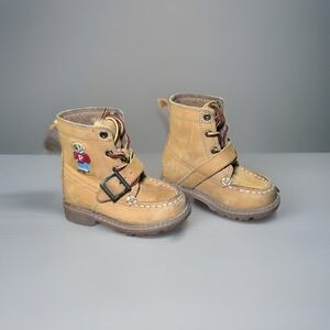 Polo Ralph Lauren Kids Leather Boots Tan Bear Patch Buckle Lace Up Toddler Sz 5
